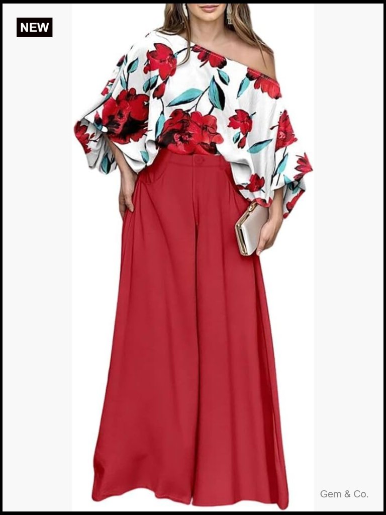 Off Shoulder Top Wide Leg Pants Set Travel Outfits 2 Piece